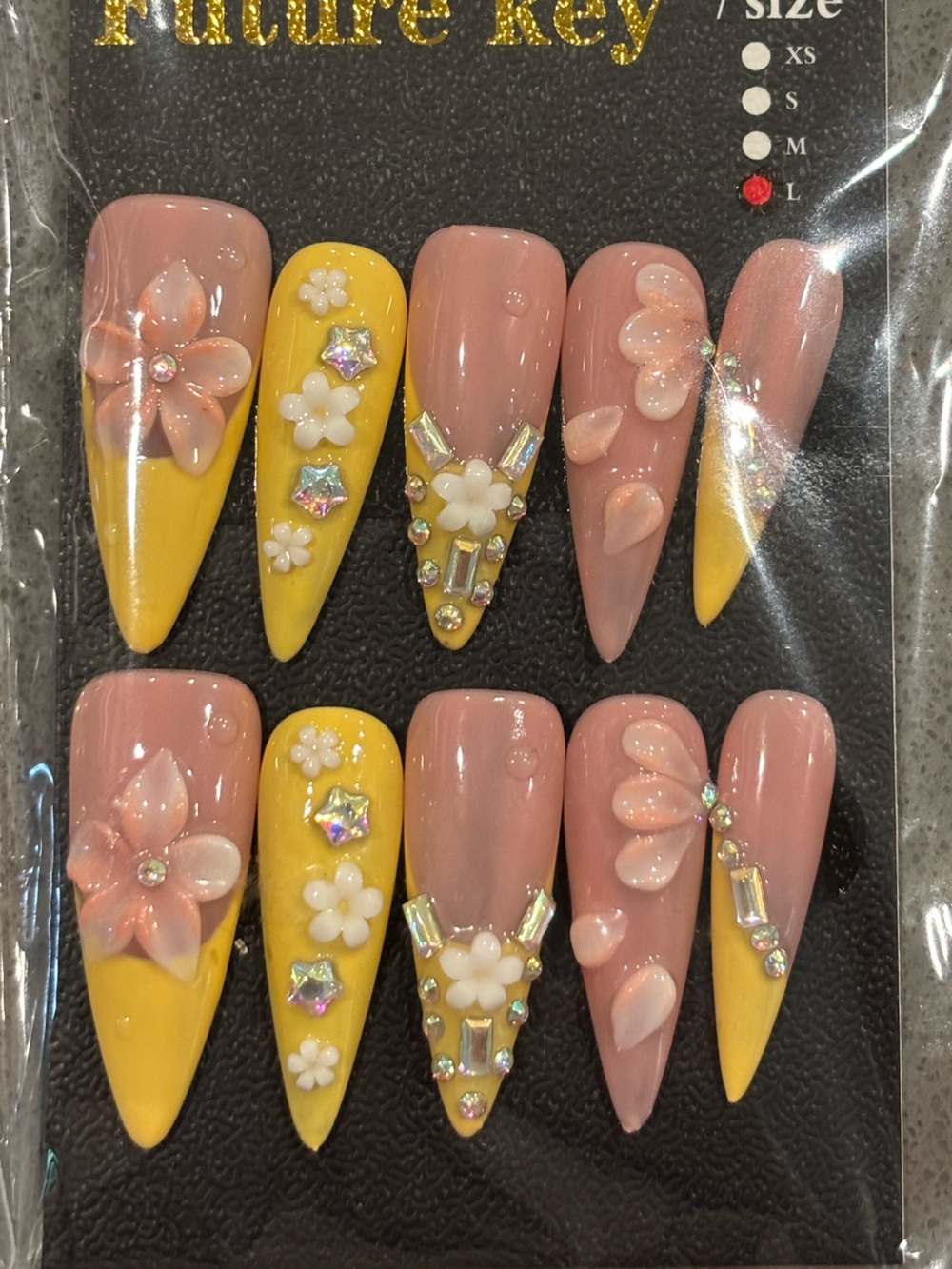 Handcrafted Gel Floral Pink & Yellow Press-On Nail Set with Rhinestones